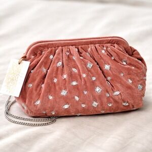 Dusty Rose Velvet Rhinestone Clutch Evening Formal Purse w/ Chain NWT